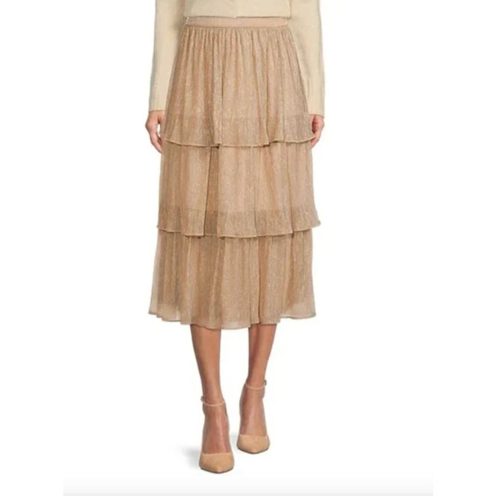 NWT A Loves A Womens Tiered High Waist Metallic Champagne Gold Midi Skirt Small